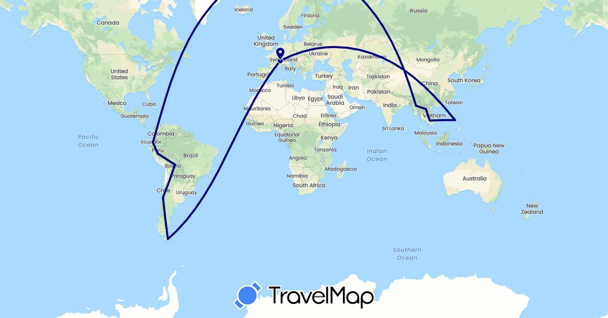 TravelMap itinerary: driving in Argentina, Bolivia, Switzerland, Chile, Ecuador, Cambodia, Laos, Myanmar (Burma), Peru, Philippines (Asia, Europe, South America)